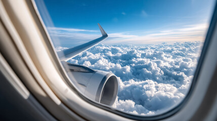 Serene aerial view of clouds and sky from airplane window during flight journey