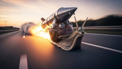 A snail is speeding down a highway on a rocket-powered motorcycle during sunset