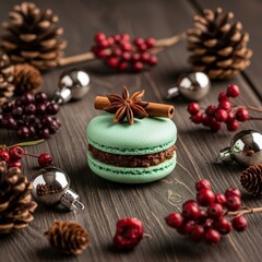 A festive green macaron surrounded by Christmas decorations on a wooden table