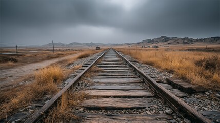 Old disused railway tracks stretch into a cloudy distance over a barren landscape with dry grass and distant hills