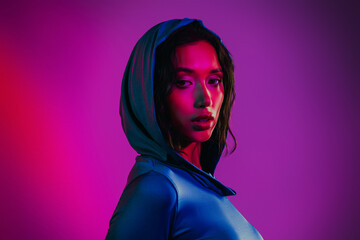 Stylish young woman in a vibrant neon-lit setting, wearing a fashionable outfit, radiating beauty...