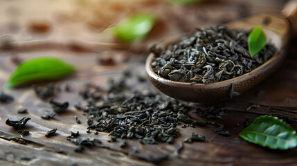 Rustic still life of dried tea leaves in handcrafted wooden spoon for organic lifestyle and culinary art