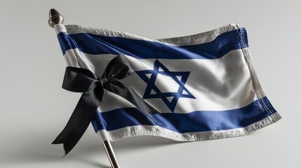 National flag of Israel displayed with a black ribbon in a studio setting during a memorial period