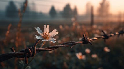 Rusted barbed wire fence with a single flower in a field during early morning light near a quiet countryside area