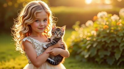portrait young girl blonde curly hair wearing white dress gold embroidery she standing garden greenery flowers background girl holding small kitten her arms looking directly camera smile her face