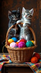 two kittens sitting woven basket filled colorful balls yarn basket placed wooden table colorful plaid tablecloth underneath kittens facing camera appear looking camera curious expressions background