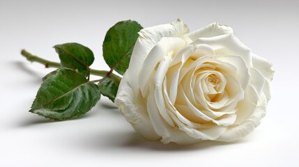 Single fresh white rose lying flat on white background with green leaves beside it