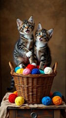 two small kittens sitting woven basket filled colorful balls yarn kittens facing camera appear looking camera curious expressions basket placed wooden table beige cloth draped over background plain