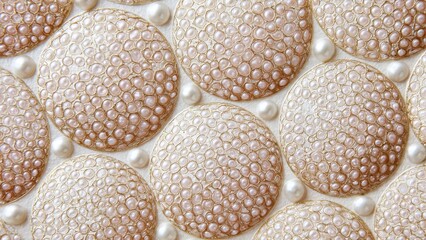 Elegant Pearl Mosaic Pattern. Luxurious abstract background of shimmering beads, detailed with golden outlines in circular shapes.