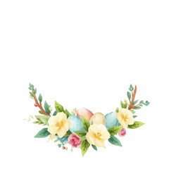 Watercolor Easter round frame, leaves, flowers, eggs. Modern decorative vector wreath design, for holiday cards, invitations, branding and holiday graphic projects