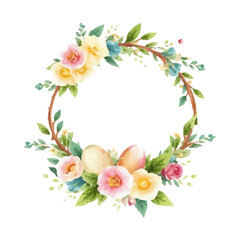Watercolor Easter round frame, leaves, flowers, eggs. Modern decorative vector wreath design, for holiday cards, invitations, branding and holiday graphic projects