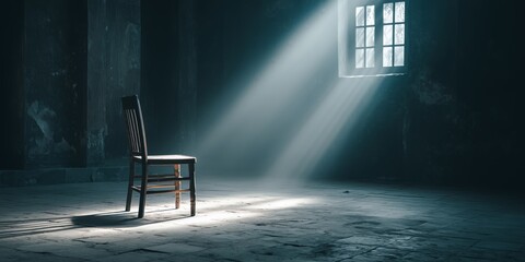 Vintage wooden chair stands alone in a large dark room with light shining through a small window
