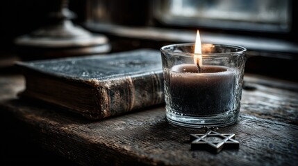 Solemn still life of a candle, a book, and a star symbol for Holocaust Remembrance
