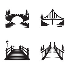 Snow covered rural bridge silhouette vector illustration for winter scene