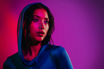 Portrait of a stylish young woman in vibrant neon lighting, showcasing beauty and fashion in a...