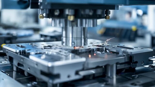 Medium shot of a precision stamping machine shaping intricate metal components with micronlevel accuracy in a clean industrial environment.