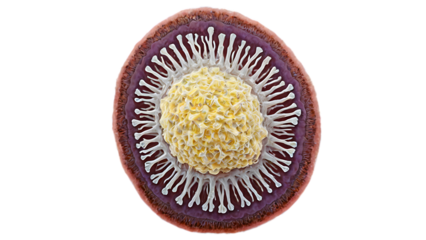 A highly detailed microscopic view of a virus on a transparent background