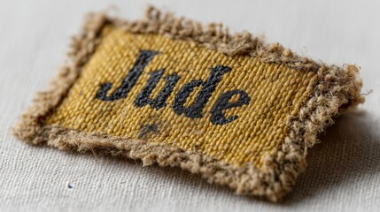 Worn yellow fabric patch with the word Jude dated back to a significant historical period