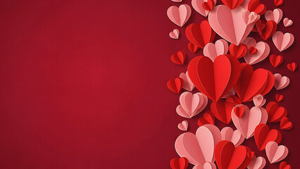 Red and Pink Paper Hearts Border on Deep Red Background, Celebrating Love and Romance