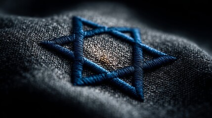 Close-up view of blue Star of David embroidery on a textured fabric background in low light setting