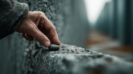 Hand places a small smooth stone onto a grey surface at a memorial site on a cloudy day