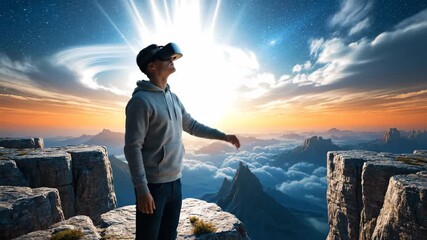 Man in VR headset on cliff edge reaches for bright light in a cosmic mountain landscape. - Powered by Adobe