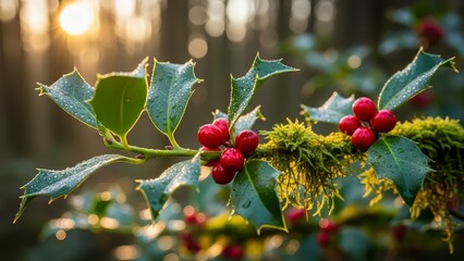 A close-up of a holly branch with red berries and green leaves in a forest at sunrise