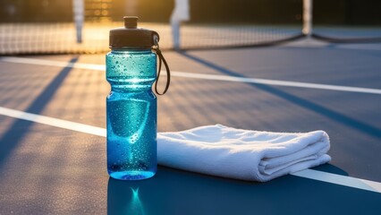 A blue water bottle and white towel on a tennis court at sunset