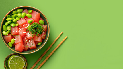 Fresh Green Edamame Bowl with Lemon Slices, Mint and Seaweed on Green Background, Healthy Plant Based Food Concept with Copy Space