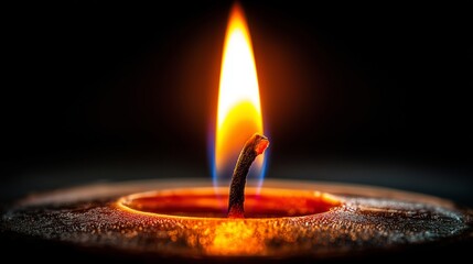 Close up view of a candle flame burning brightly in darkness showcasing detailed colors and movement of the fire