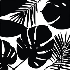 Striking black and white tropical foliage pattern featuring stylized monstera and palm leaves for modern graphic design projects.