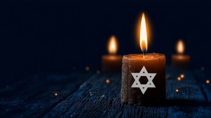 Candlelight observance for Remembrance Day with Star of David symbol and dark background in a quiet setting