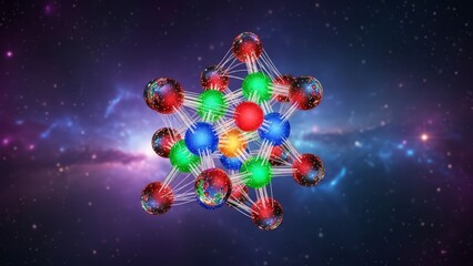 A vibrant and colorful molecular structure floats in the depths of space with stars and galaxies in the background