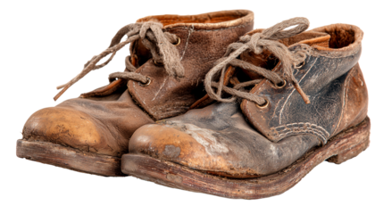 Small worn leather children's shoes on a plain background from an unknown time and place in the past