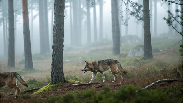 Two wolves trotting through a foggy pine forest, slow motion, natural light, wilderness wildlife...