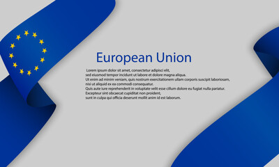 Europe Union flag ribbon background, banner, wallpaper for text. Europe EU  patriotic template golden stars and blue field flyer for advertising, web