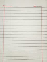 Blank lined notebook paper page with empty Day and Date fields on top, clean writing sheet template isolated view, simple ruled register book background for notes and documentation concept