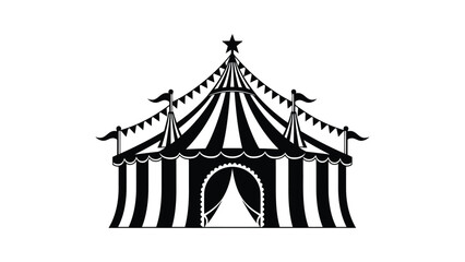 Black and white striped circus tent silhouette with star and flags isolated on white background
