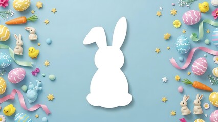 Happy Easter greeting card with white paper cut Easter Bunny isolated background, copy space,  vector illustration