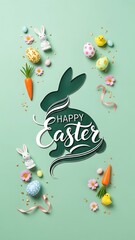 Happy Easter greeting card with white paper cut Easter Bunny isolated background, copy space,  vector illustration