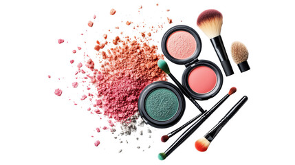 Assorted Makeup Powders with Brushes on Transparent Background