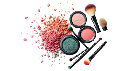 Assorted Makeup Powders with Brushes on Transparent Background
