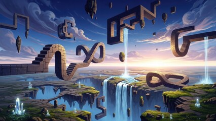 Surreal landscape with floating numbers and staircase.
