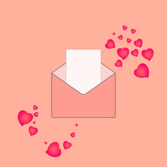 Valentine's Day card. Note paper and sweet hearts on a pink background.
