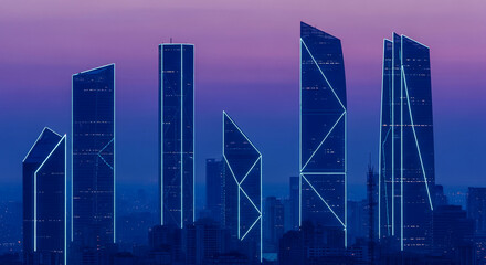 Urban landscape with illuminated modern buildings against a gradient sky, representative of architectural design, technological advancement, or urban development