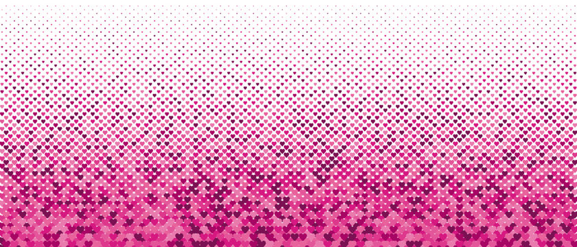Halftone vector texture of pink gradient geometric hearts. Seamless love pattern with fading. Abstract tech smooth transition for background and backdrop. Gradient mesh with transition. Valentine's