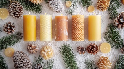 Beeswax candles and pinecones on snowy background. Christmas craft activity, creative DIY project for kids, craftwork, eco friendly, sustainable concept.