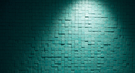 Teal cube wall with light, textured pattern of small square blocks, representing order and geometric precision, suitable for backdrop or surface concepts