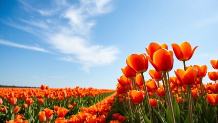 Vibrant tulip field with orange and red flowers under a clear blue sky. Spring landscape symbolizing freshness, nature, and colorful countryside.