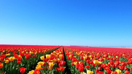 Endless tulip fields with red and yellow flowers stretching to the horizon under a clear blue sky. Iconic spring countryside scenery.